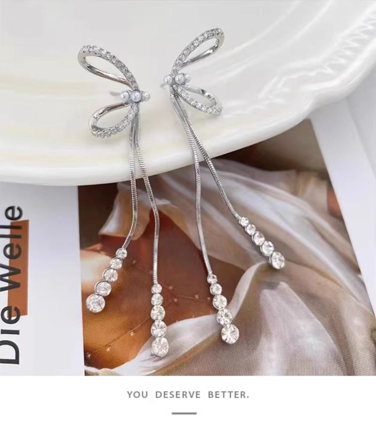 Long Bridal Drop Earrings With French Bow And Silver Tassels_voghion.com