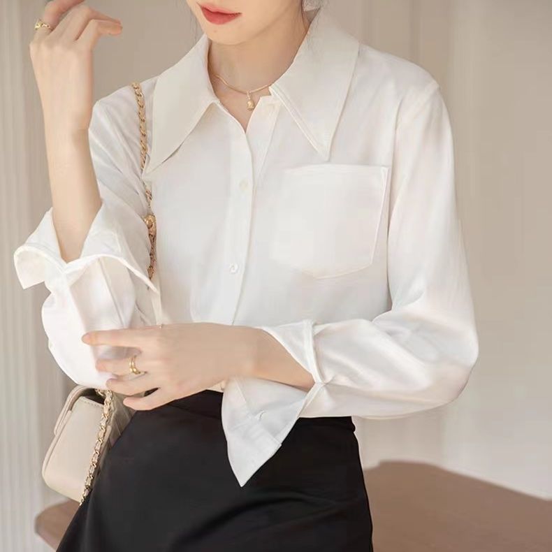 CONGRAZIO條紋白色襯衫女早秋顯瘦寬鬆百搭白色通勤休閒工裝襯衣