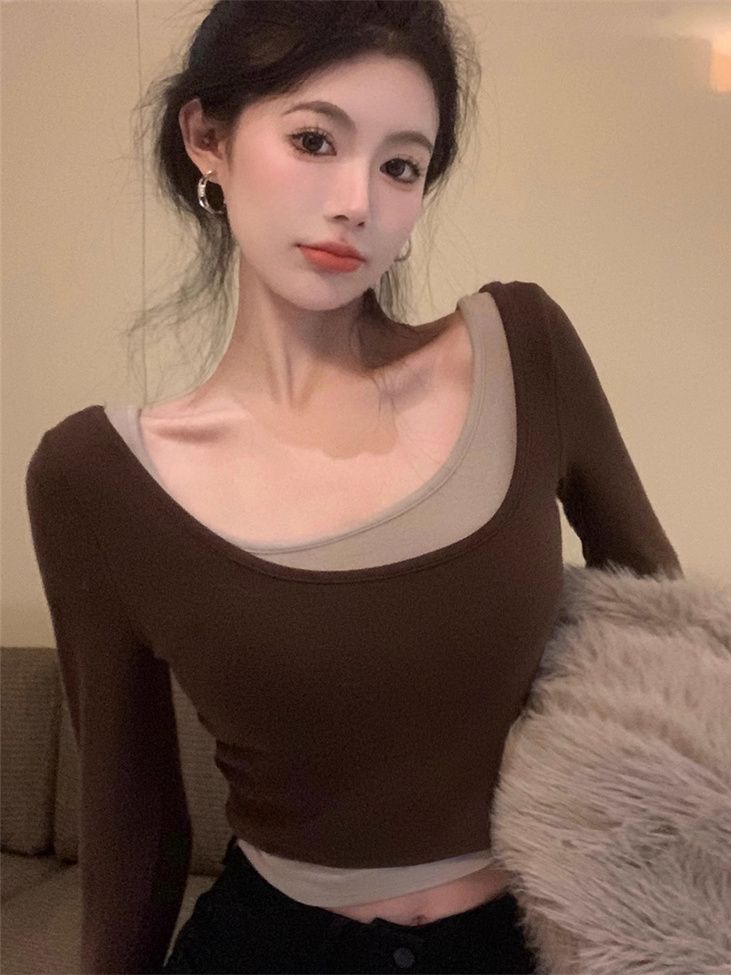 復古氣質假兩件T恤女裝秋季方領長袖內搭打底衫辣妹緊身短款上衣