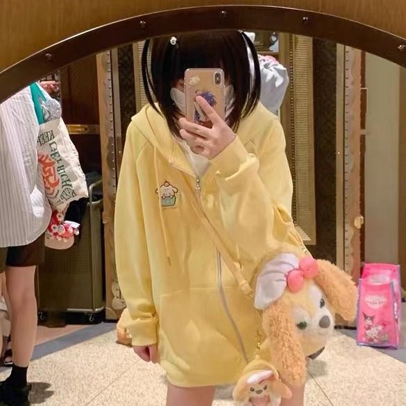 Cat embroidered milk yellow loose  autumn and winter versatile two-dimensional sweatshirt hooded jacket Japanese cute and sweet