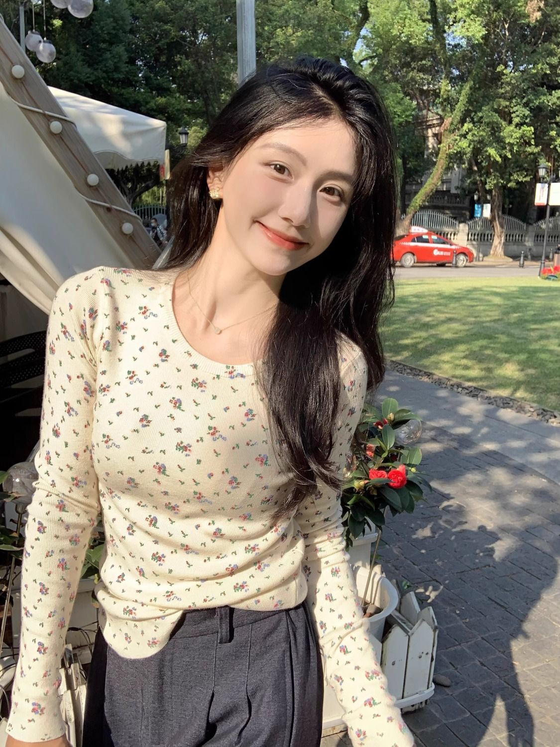復古小碎花打底衫長袖螺紋德絨針織衫軟糯修身春秋圓領上衣內搭