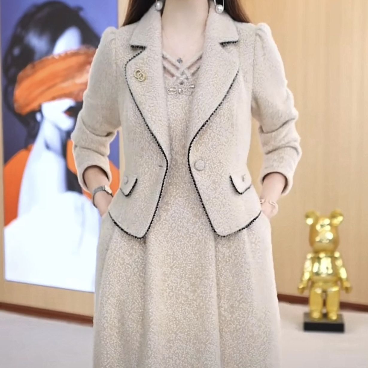 高檔貴妃絨假兩件套裝連衣裙2023新款秋冬款女洋氣加厚小香風裙子