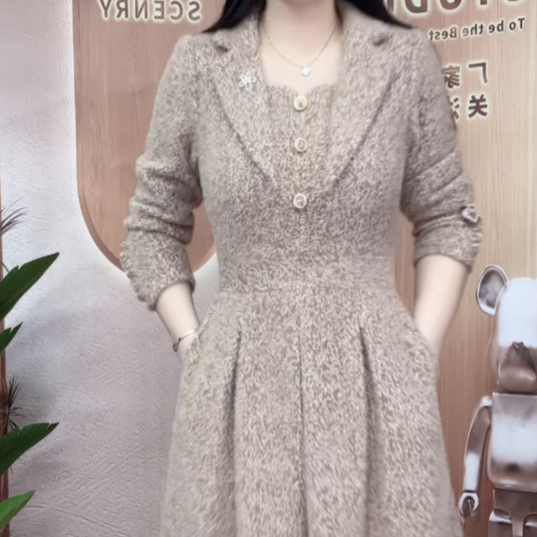 貴妃絨水貂絨連衣裙高級輕奢2023新款秋冬女洋氣收腰遮肉顯瘦裙子