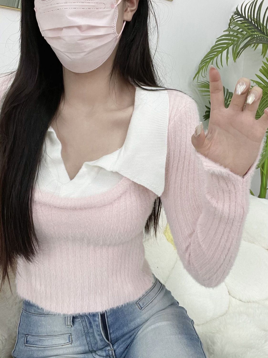 設計感假兩件針織衫女秋氣質修身內搭黑色上衣短款長袖打底衫毛衣