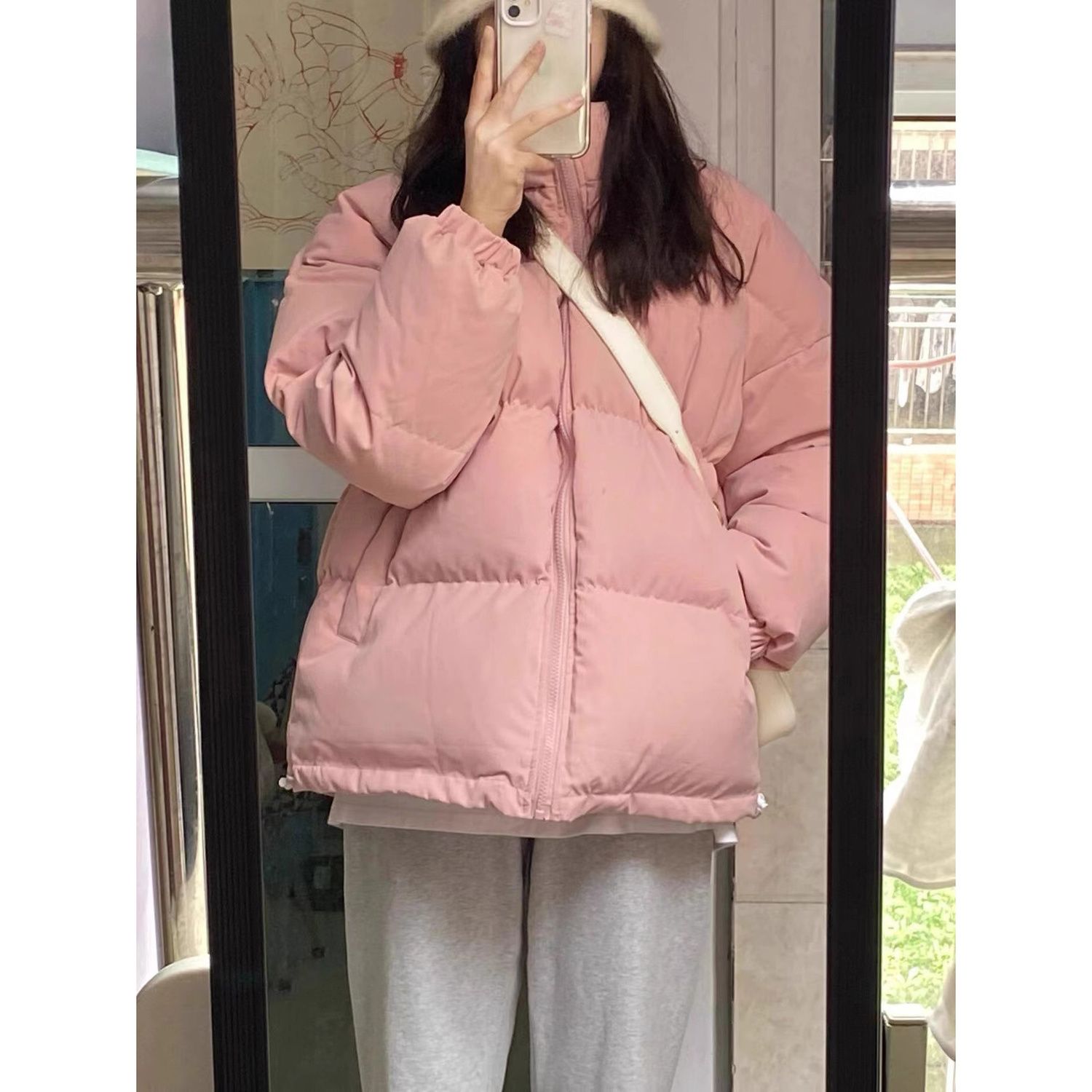 韓版寬鬆粉色立領棉服冬季女短款2023新款百搭簡約小個子炸街外套