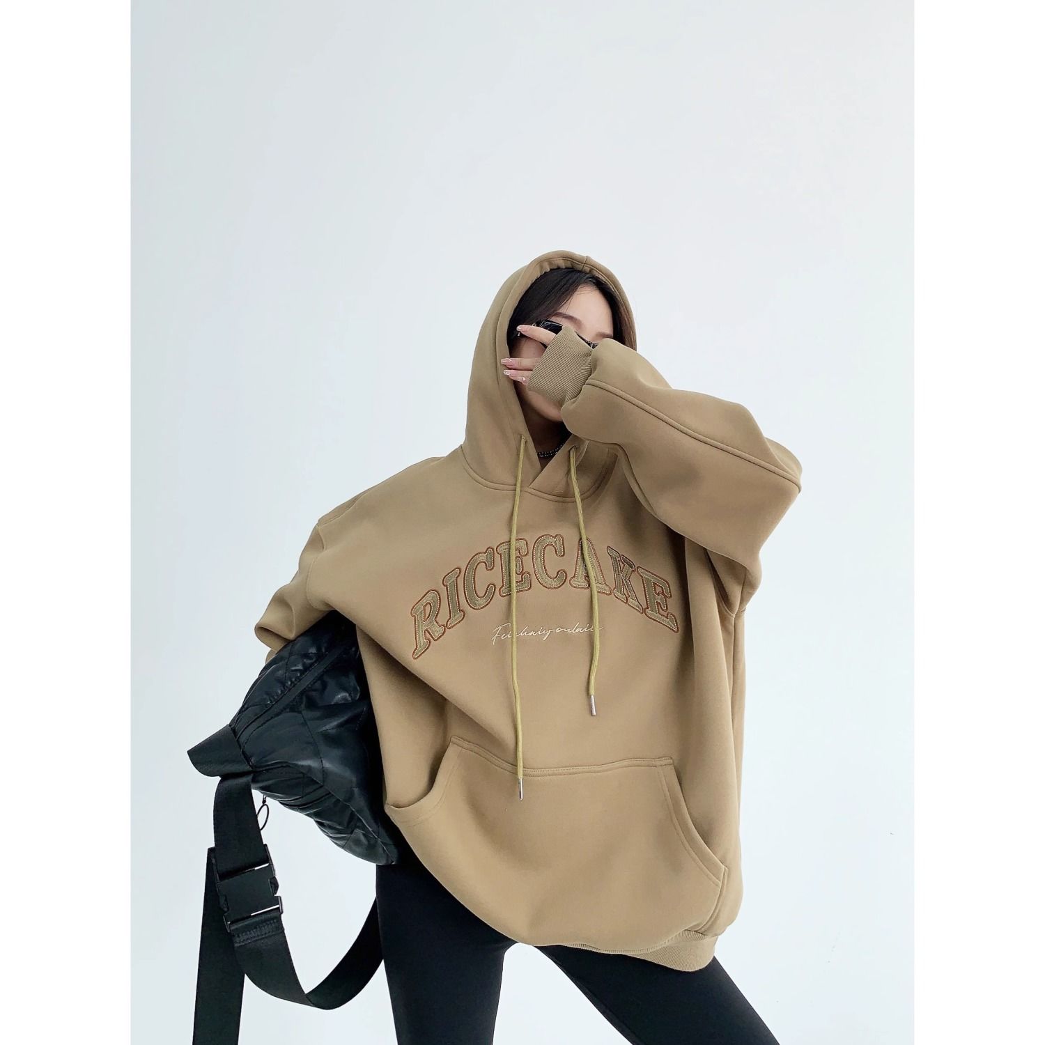 冬季美拉德小眾重磅加厚外套oversize復古印花加絨連帽衛衣女