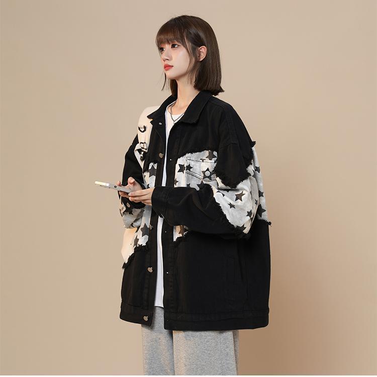 Black denim jacket for women, spring and autumn American retro star stitching workwear top, loose and popular design jacket