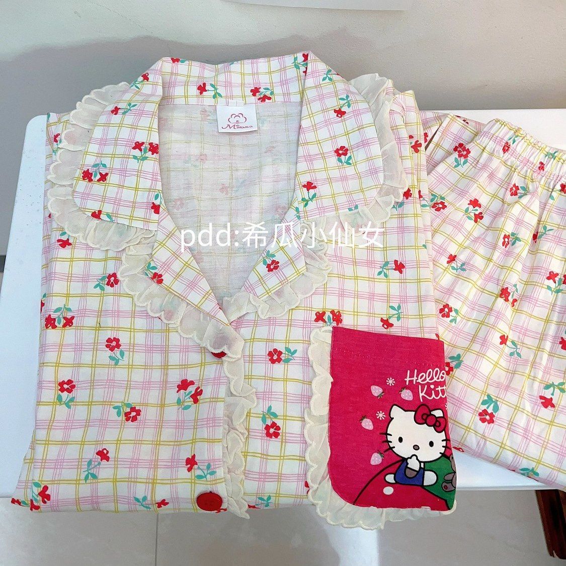 日系HelloKitty格子睡衣女春秋季新款長袖甜美花邊學生家居服套裝