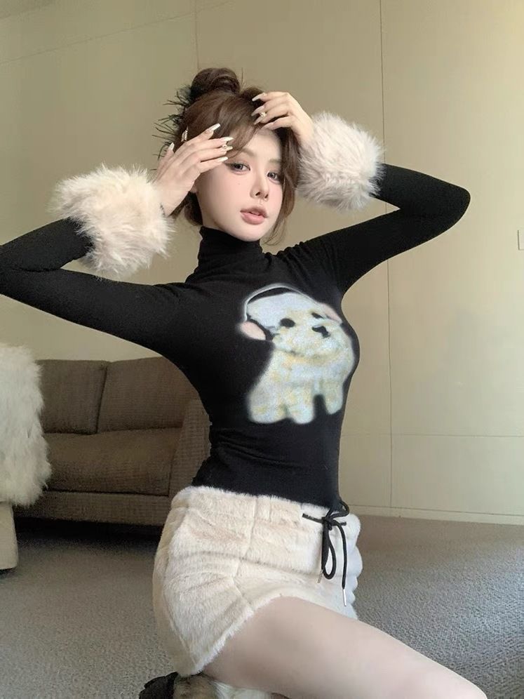 美式辣妹小狗印花針織衫女春季獨特小眾毛絨袖口包臀半身裙套裝潮
