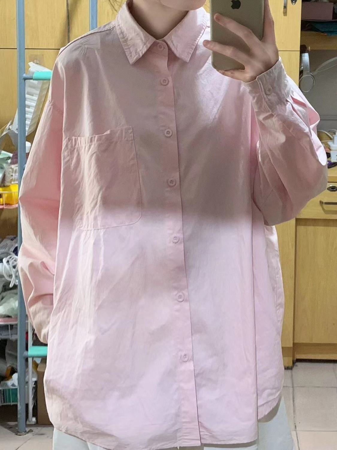 多巴胺淡粉色純棉襯衫內搭疊穿女春秋款寬鬆百搭顯瘦長袖襯衣外穿