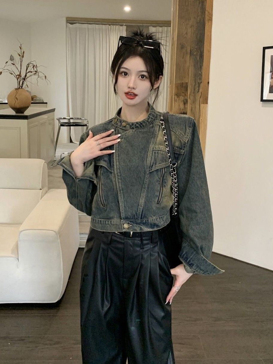 American retro denim jacket for women, spring and autumn new style, loose, slim, small, high-end, short jacket, trendy top