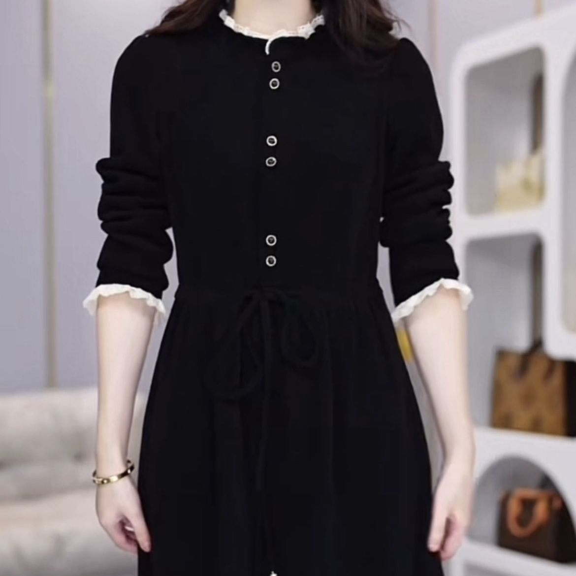 洋氣時尚加厚歐棉絨連衣裙2023秋冬新款赫本風顯瘦女裝中長款裙子