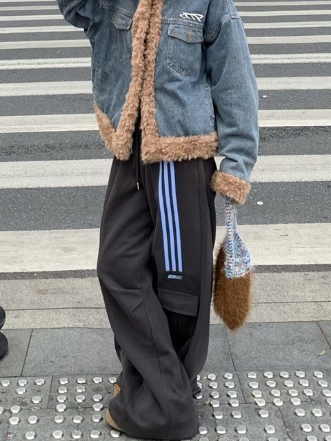 美式高街條紋運動衛褲女2023秋季復古闊腿垂感多口袋束腳休閒褲子