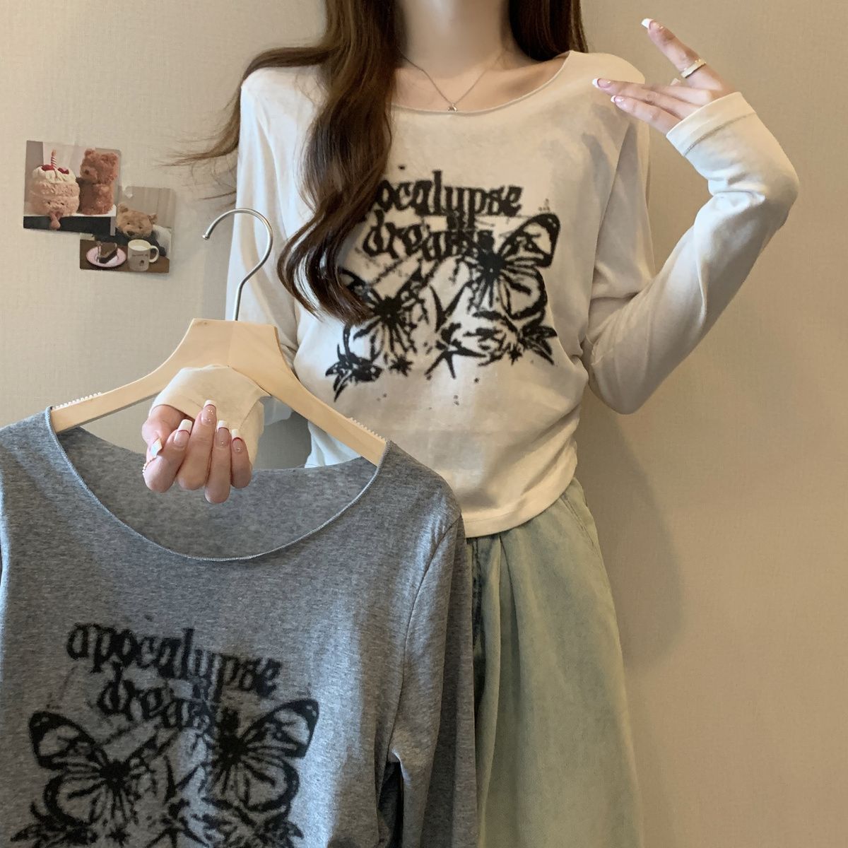大碼胖mm美式復古蝴蝶印花長袖T恤女秋季抽繩遮肉顯瘦打底衫上衣