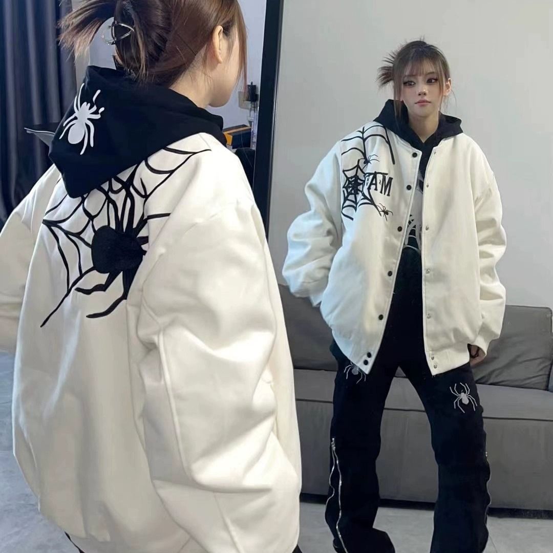 美拉德美式高街刺繡蜘蛛夾克棒球服男女加棉加厚秋冬寬鬆潮流外套