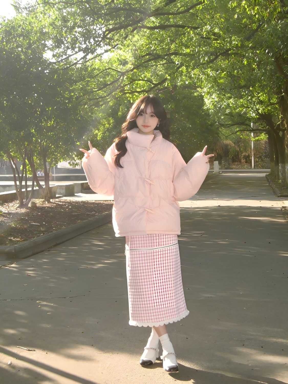 Sweet and cute pink horn button bread coat for female students winter new style milk puff stand-up collar cotton coat