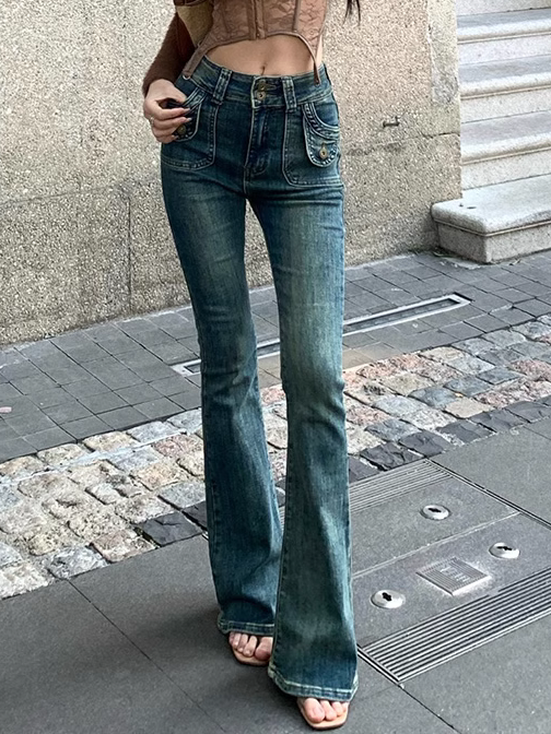 美式高街復古彈力微喇牛仔褲女修身高腰顯瘦喇叭褲休閒馬蹄長褲子