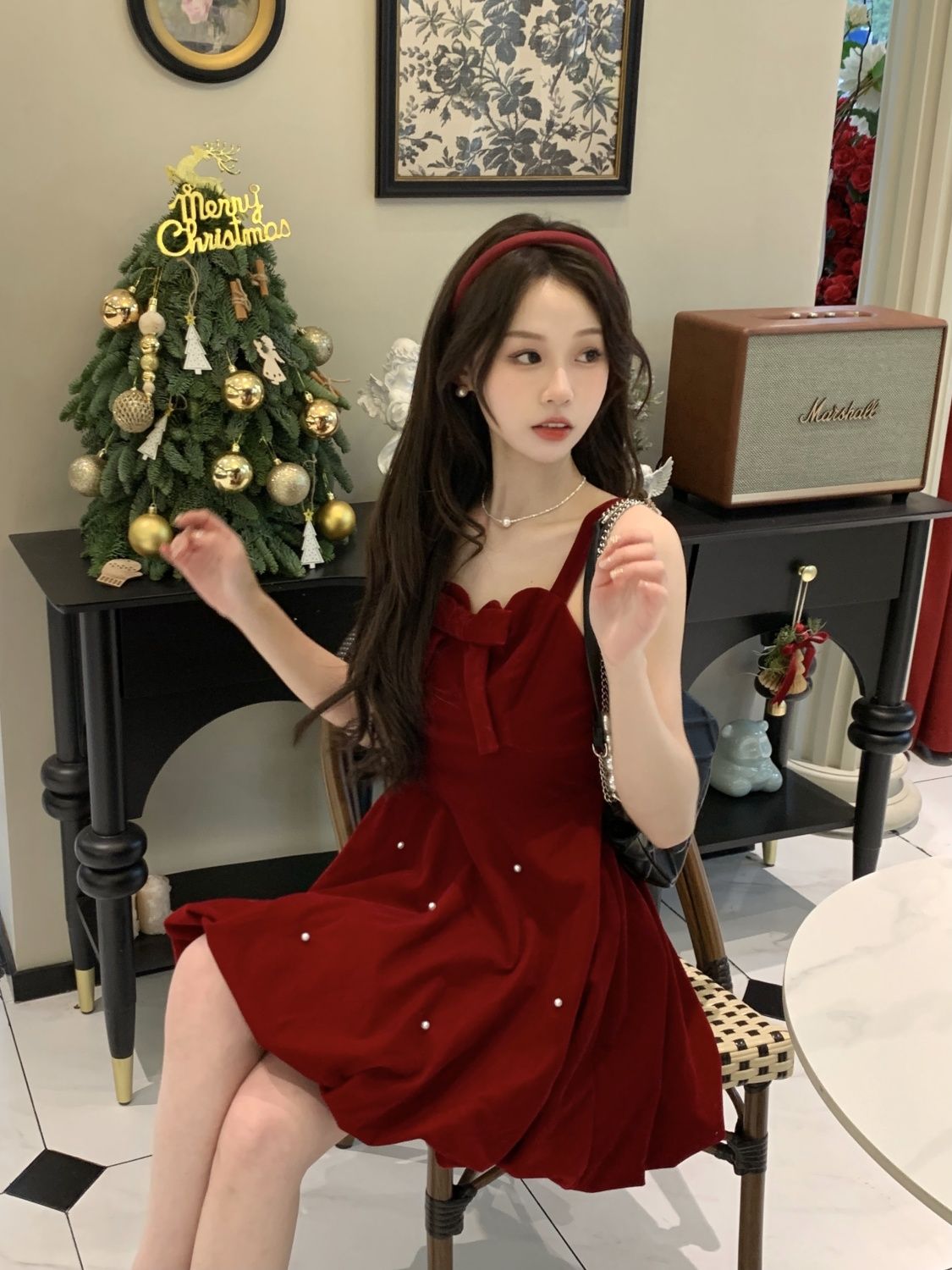 Bow red French velvet suspender dress winter high-end Christmas fluffy princess skirt New Year's shirt