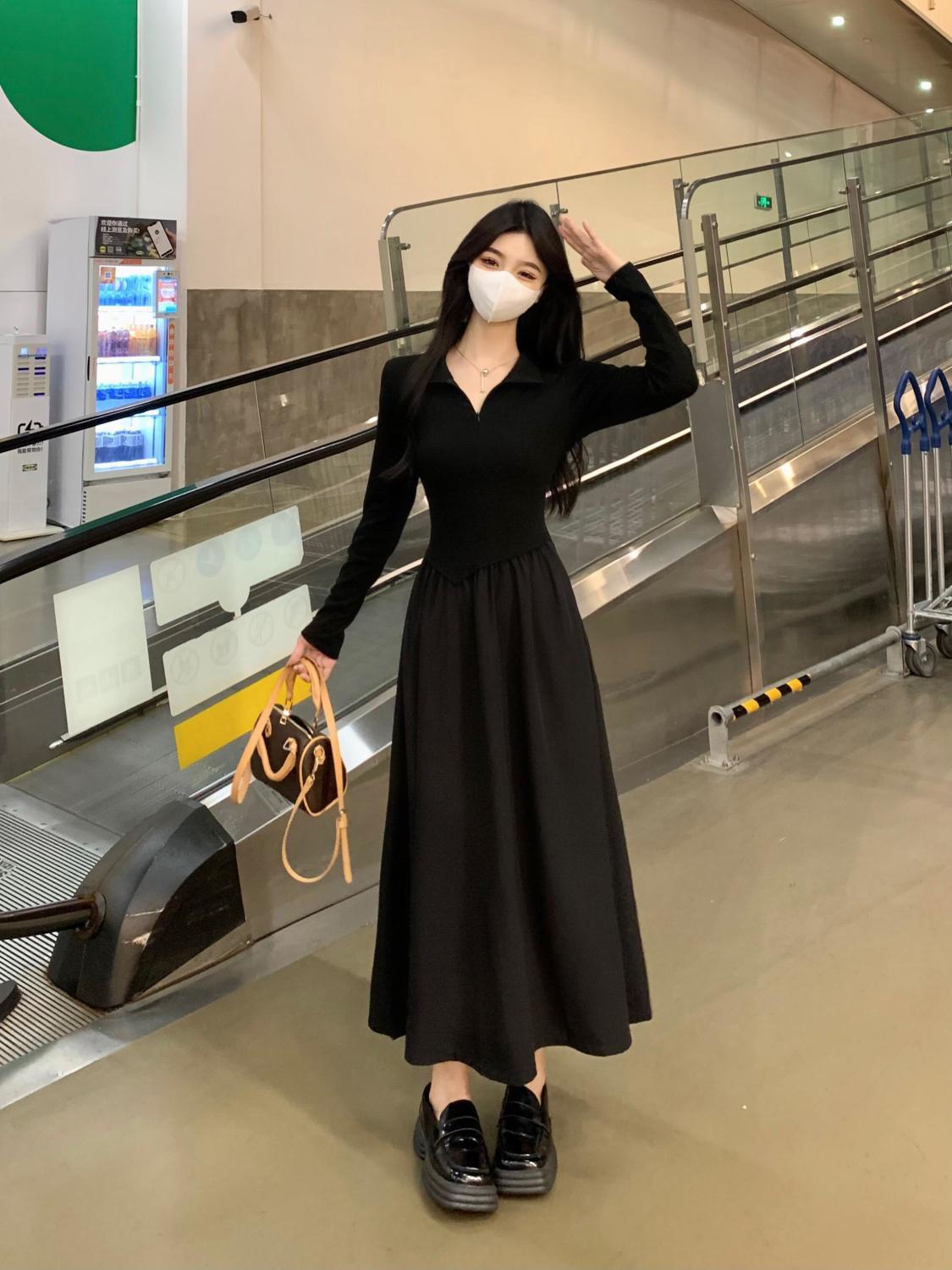 美拉德穿搭Polo領連衣裙秋冬新款大碼微胖mm收腰顯瘦內搭打底長裙