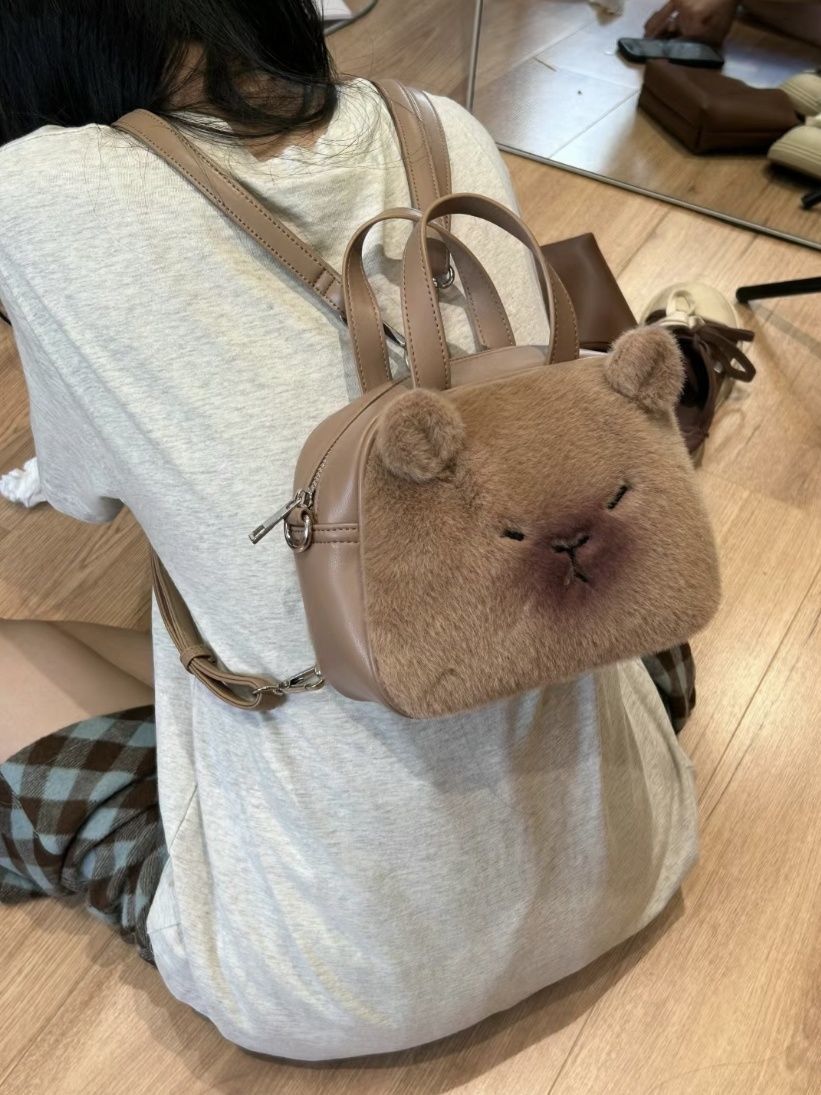 2023 New Autumn and Winter Plush Kapibara Cartoon Backpack Lazy Style Handbag Large Capacity Tote Bag for Women