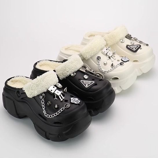 BAHARI2023 new velvet Crocs women's outer wear thick-soled warm cotton slippers for winter ins fashion