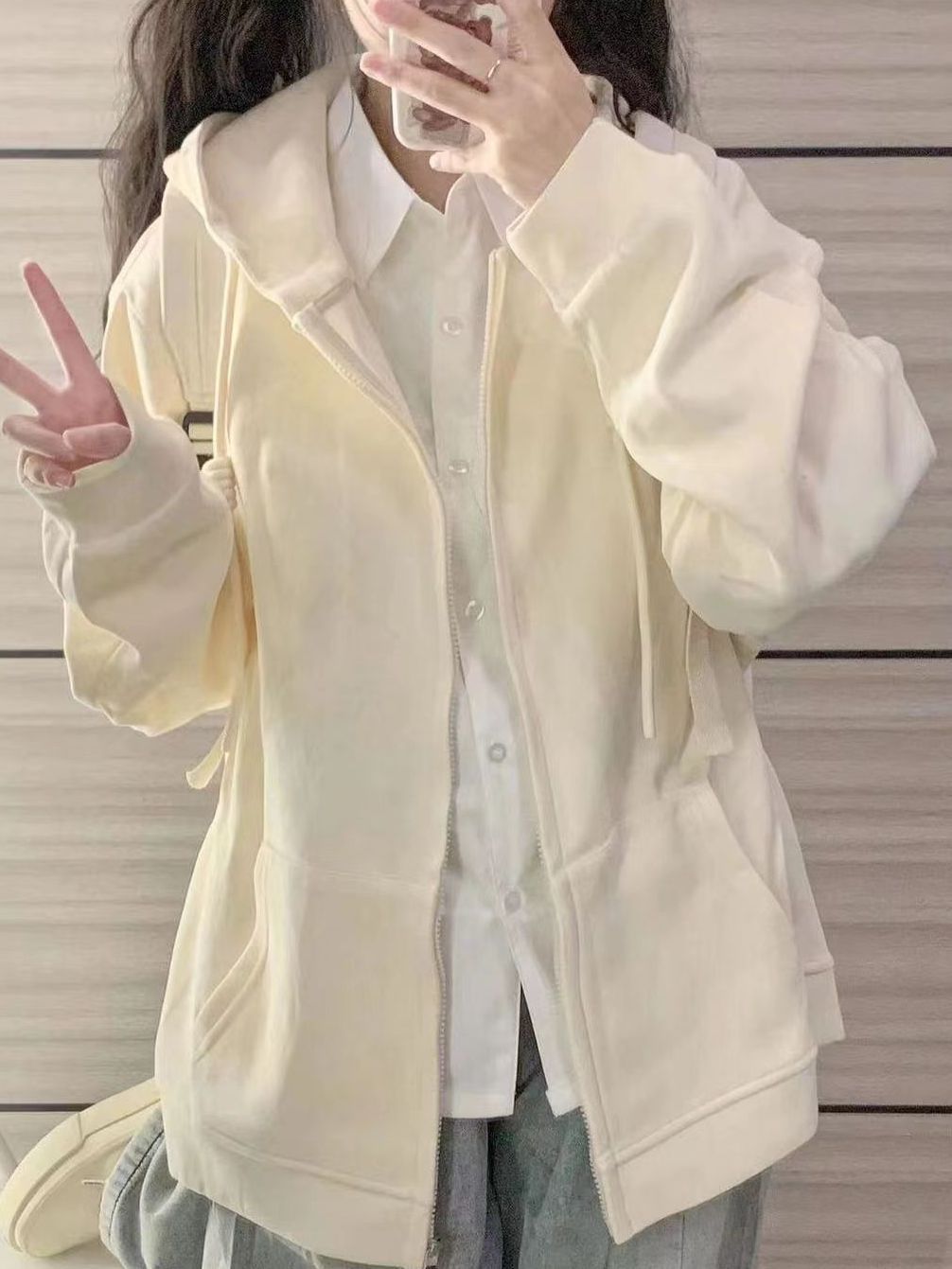 2023最新款奶杏色連帽衛衣女秋冬季加絨加厚oversize寬鬆拉鏈外套