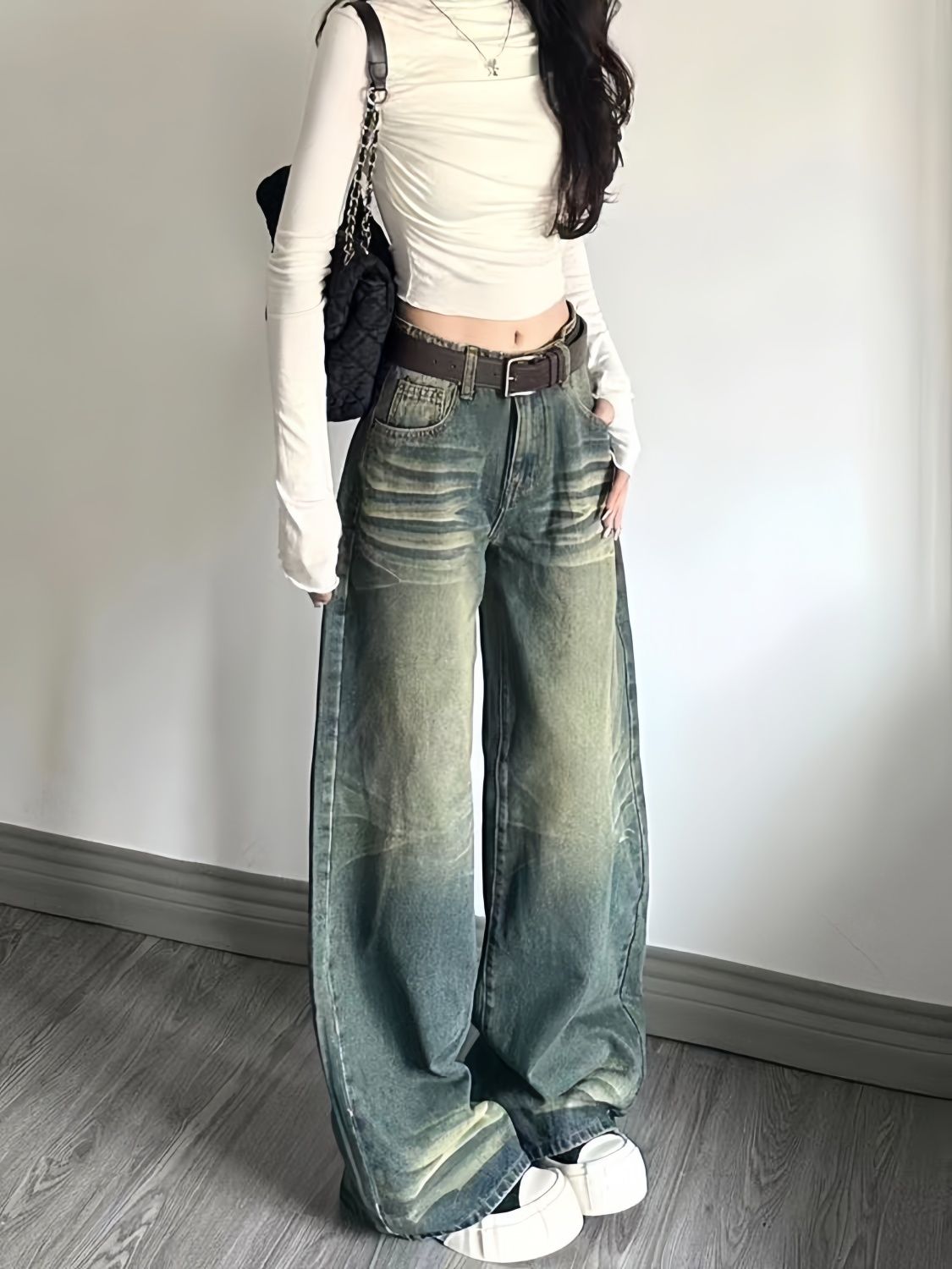 美式復古水洗做舊低腰牛仔褲女秋季新款寬鬆闊腿顯瘦直筒拖地褲子