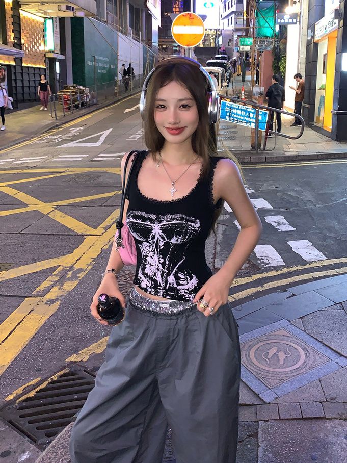 Hot Girl Retro European And American High Street Camisole For Women, Spring/summer Lace Trim Patchwork Slim-fit Short_ecoleips.com