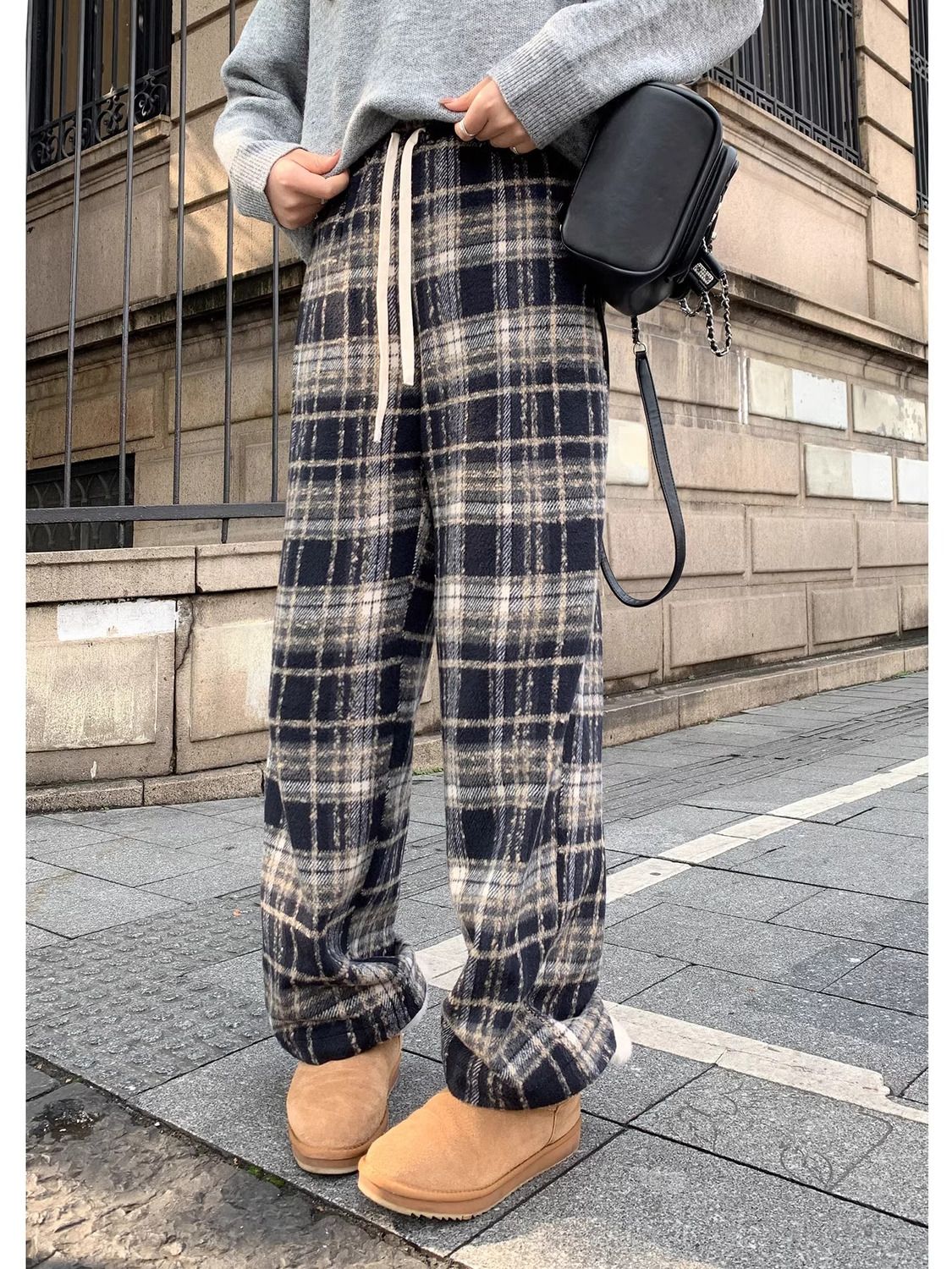 復古風磨毛呢子加絨格紋闊腿褲男女秋冬美式垂感直筒拖地休閒長褲