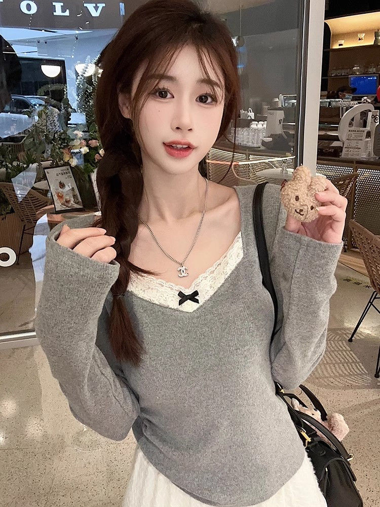 純欲風蕾絲邊蝴蝶結V領長袖T恤女冬季設計感小眾修身辣妹打底上衣