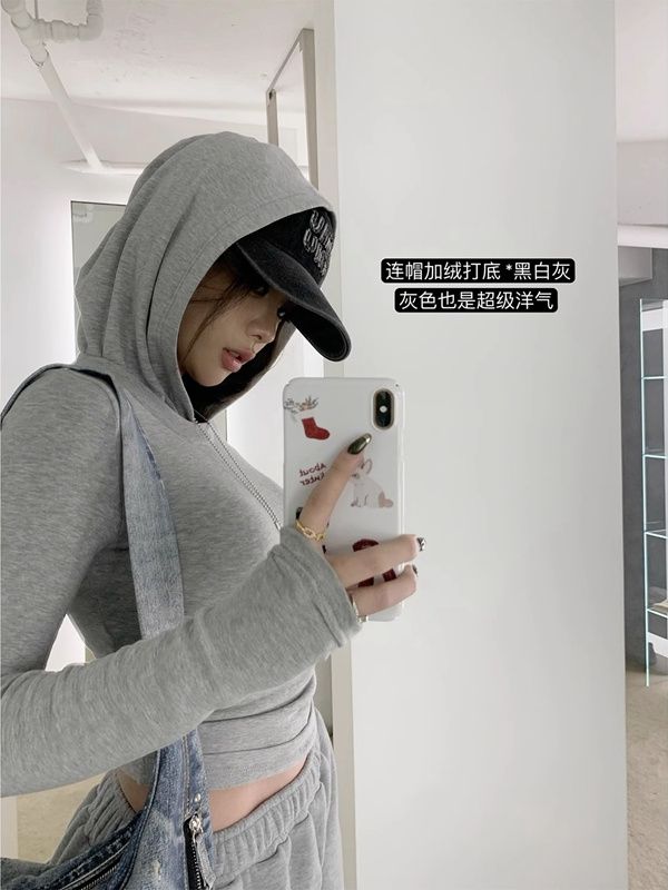 簡約百搭連帽長袖t恤女秋冬設計感小眾甜辣妹修身顯瘦內搭打底衫
