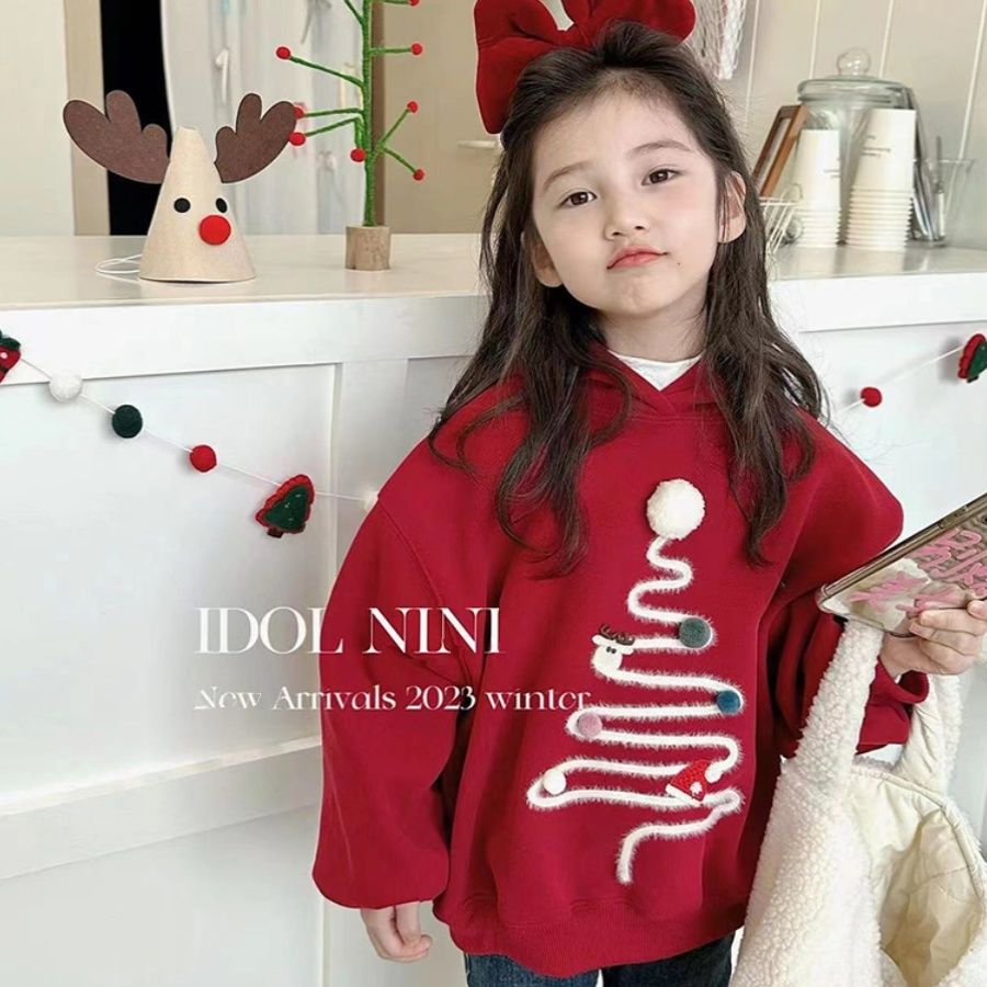 Girls' fleece hooded sweatshirt  autumn and winter new style children's red hoodie girls winter thickened tops