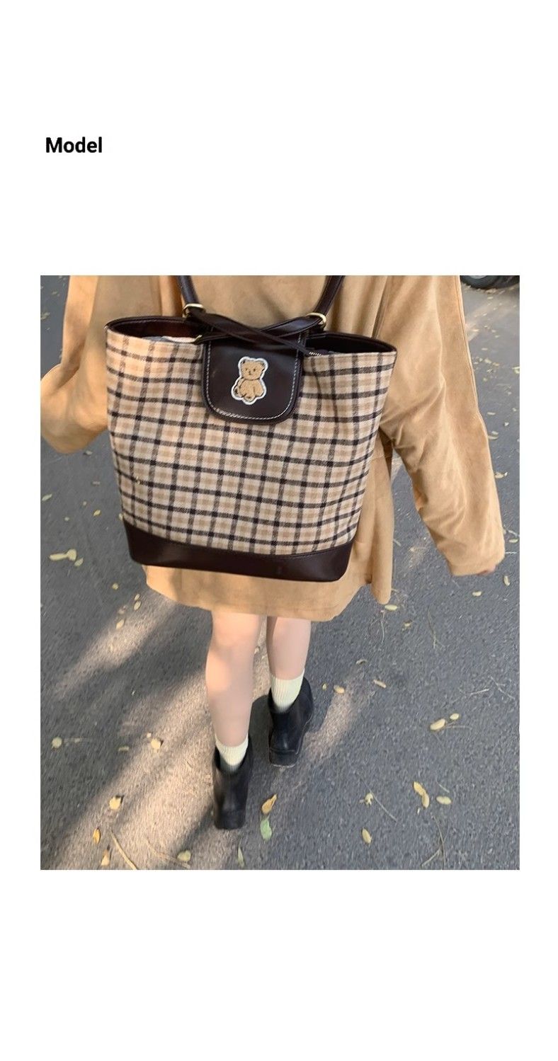 FOUR ONE karierte Teddybärtasche mit mehreren Wassereimertaschen, modisch und vielseitig, Nischendesign, Einzelschulter_voghion.com