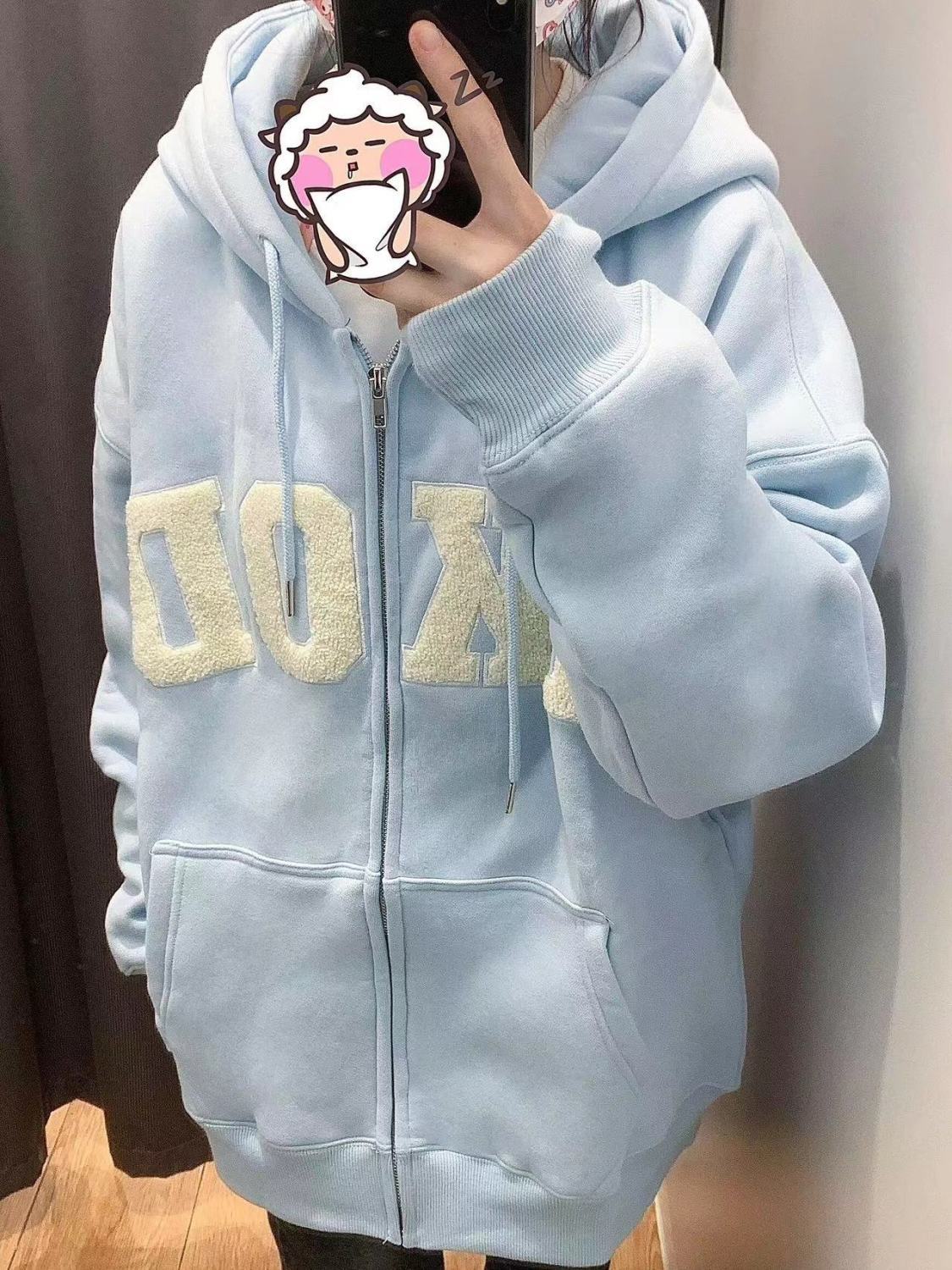 刺繡奶藍色衛衣外套女秋冬款加絨加厚銀狐絨小個子連帽開衫ins潮