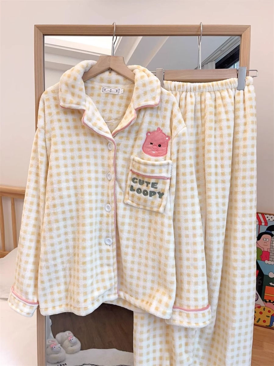 韓版ins風黃色格子珊瑚絨睡衣女秋冬季加厚加絨卡通款可愛家居服