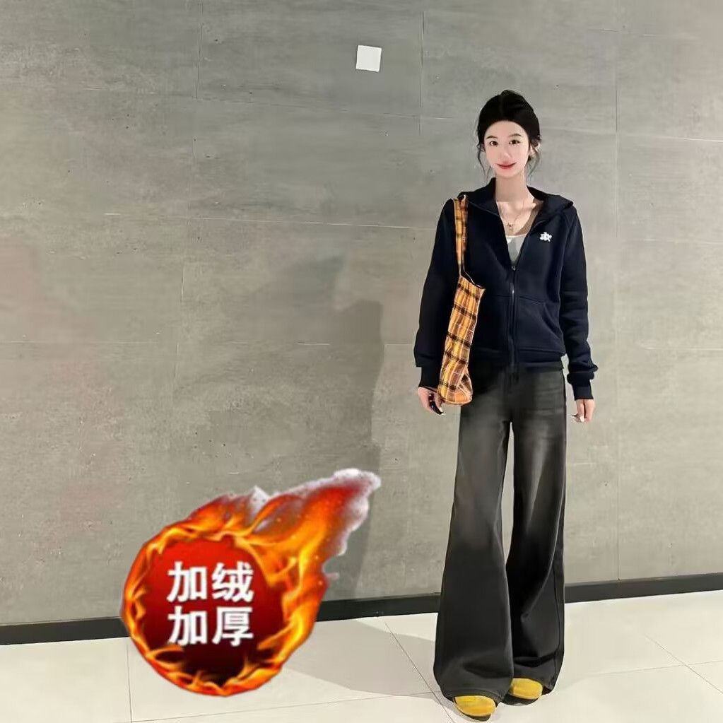梨形身材微喇牛仔褲女加絨加厚高腰秋冬季新款美式高街復古喇叭褲
