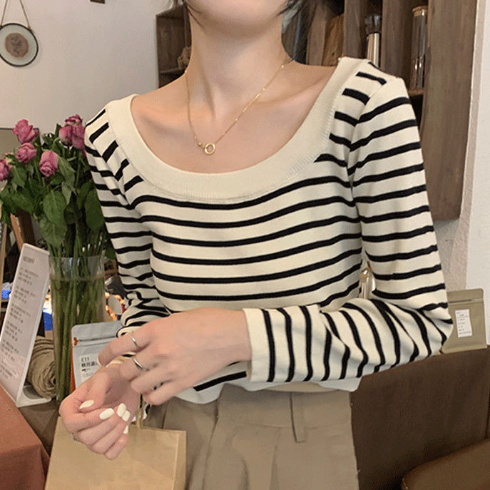 方領針織衫女秋冬新款條紋上衣打底衫女修身顯瘦洋氣內搭長袖毛衣