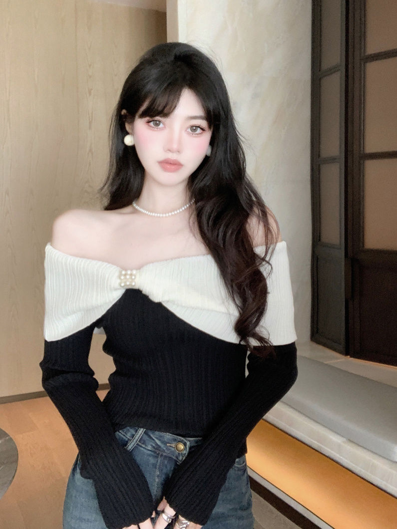 Xiaoxiangfeng one-shoulder bow sweater women's autumn and winter temperament French off-shoulder top sweater bottoming long sleeves