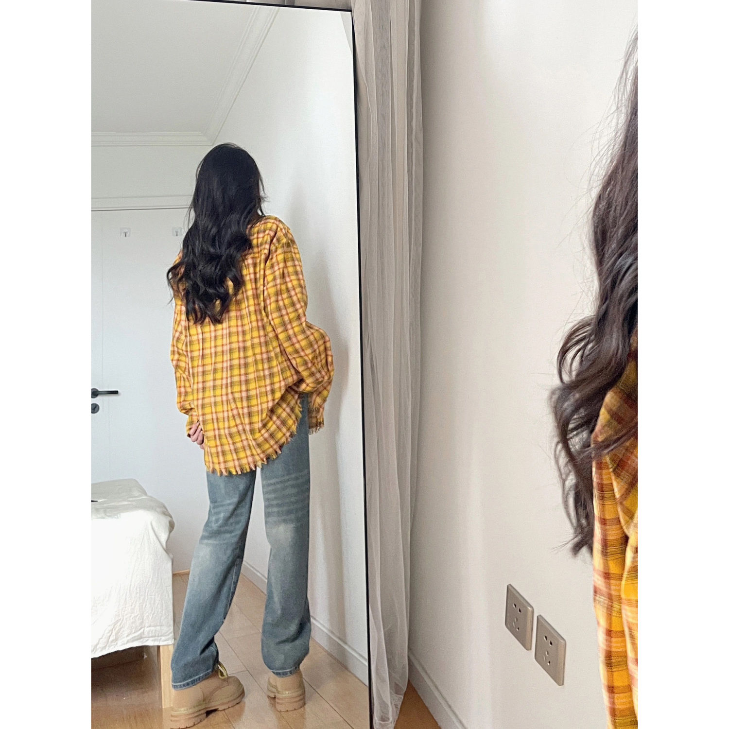 慵懒韩版复古黄色格子衬衫外套女秋季中长款设计感小众休闲衬衣潮