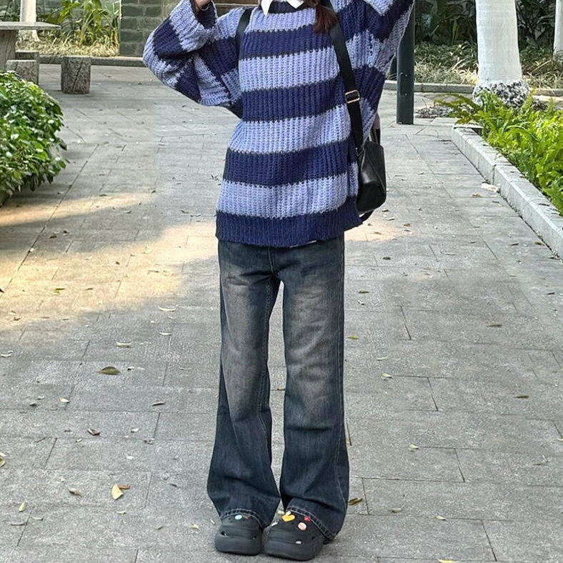 復古美式微喇牛仔褲女秋冬新款ins高腰顯瘦寬鬆直筒垂感拖地褲子