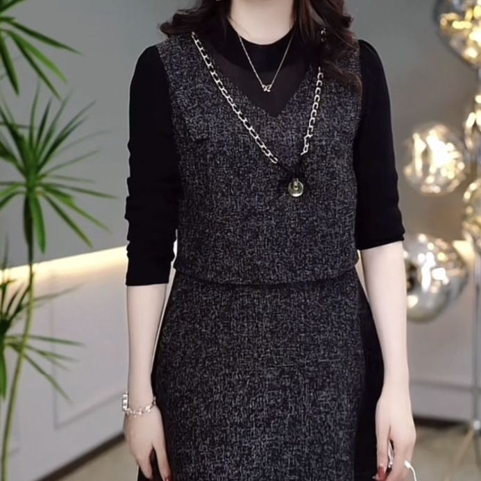 梭織精紡連衣裙2023秋新款女時尚優雅加厚洋氣高檔假兩件套裝裙子