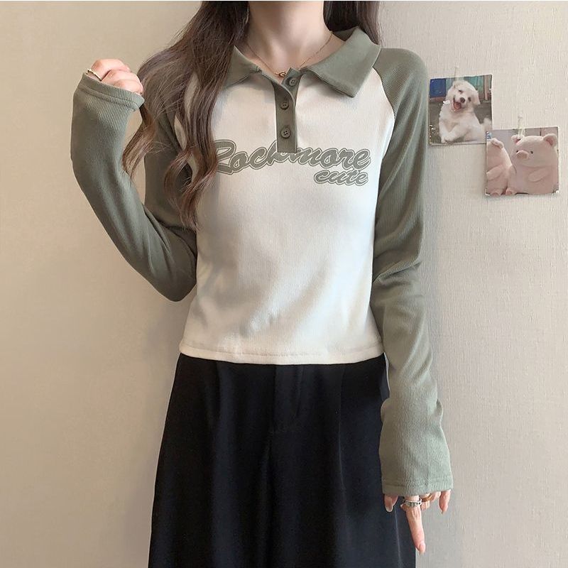 美式復古插肩長袖t恤女2023早秋新款Polo領短款洋氣修身打底上衣
