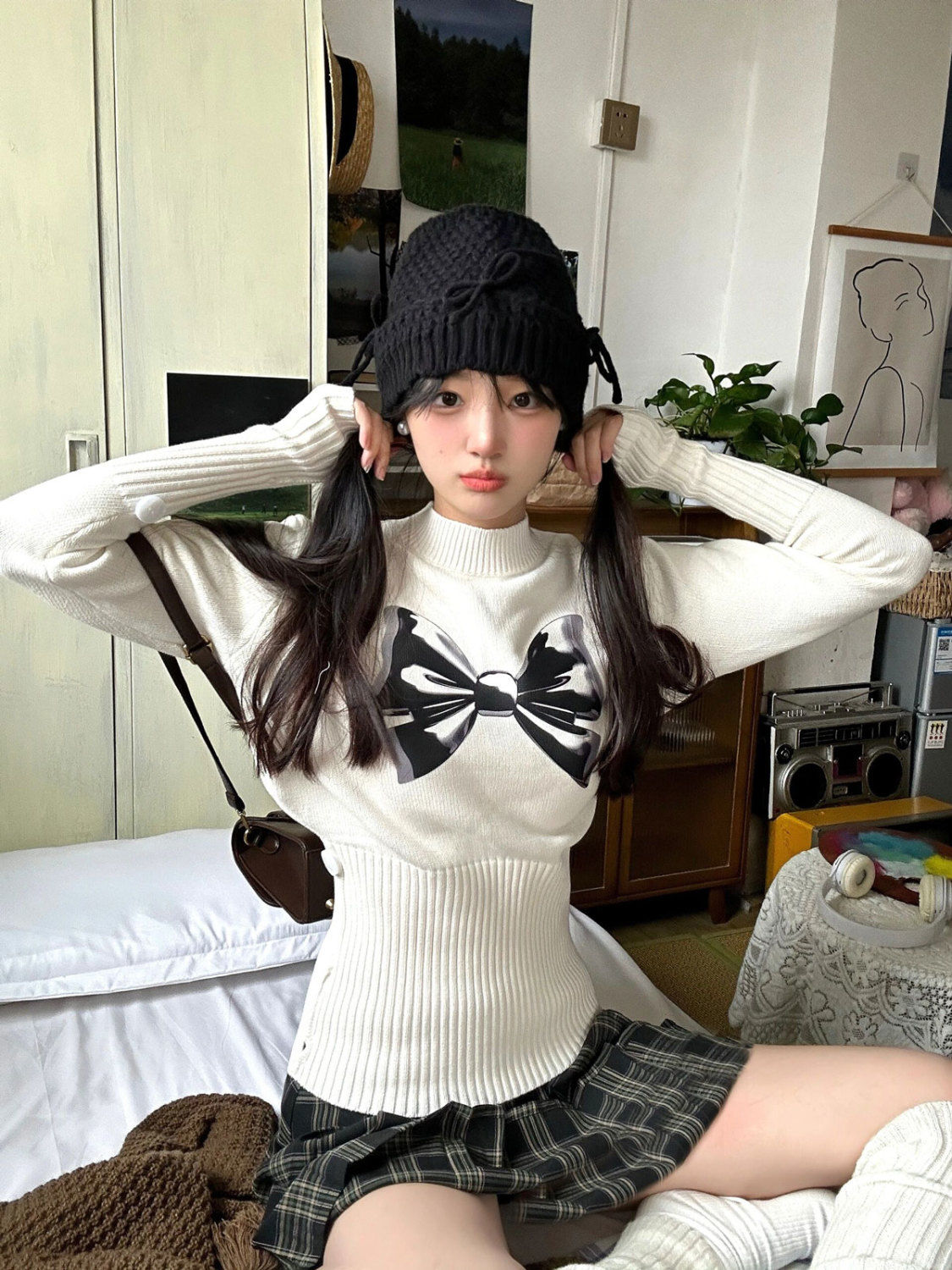美式蝴蝶結收腰半高領毛衣女秋冬內搭打底衫長袖針織衫上衣設計感