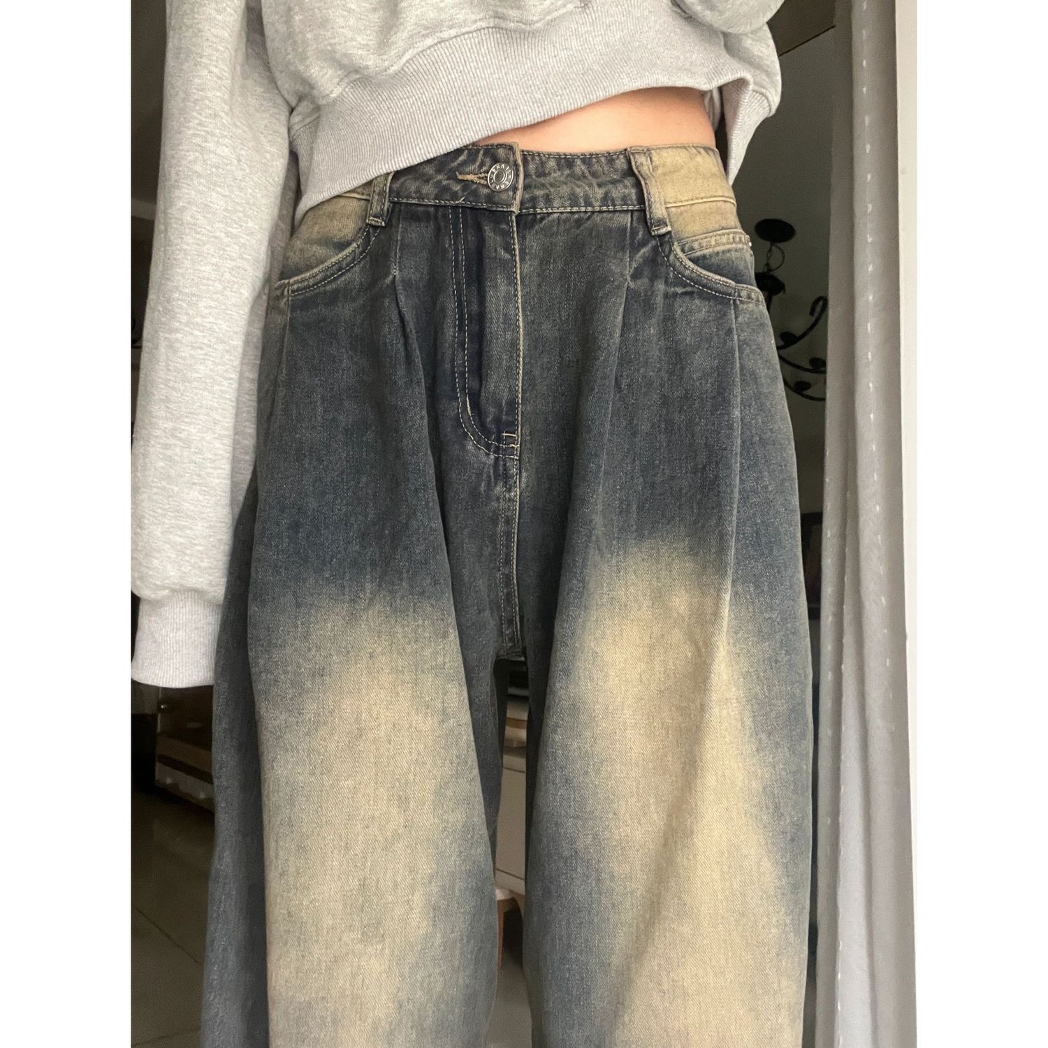 美式復古水洗做舊牛仔褲女秋冬新款高腰直筒寬鬆顯瘦闊腿拖地褲子