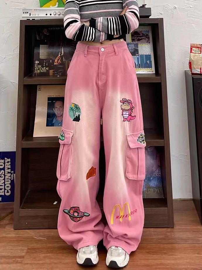 美式粉色卡通刺繡工裝褲女秋冬設計感高腰寬鬆顯瘦闊腿拖地長褲潮