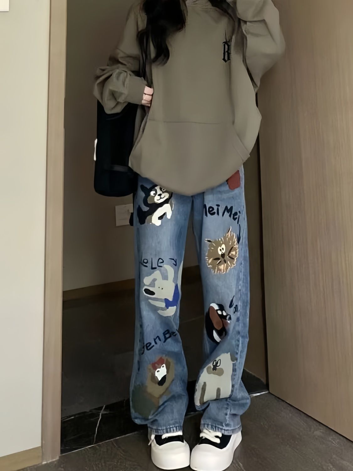 美式vibe設計感卡通塗鴉印花牛仔褲女高腰寬鬆直筒闊腿拖地褲子潮