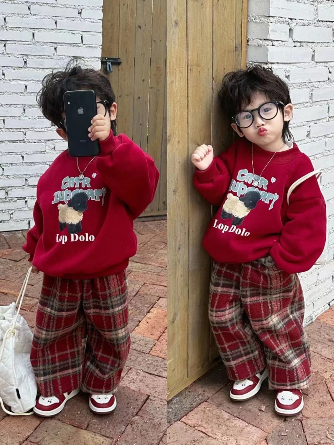 新品過年服穿搭兒童男童加絨套裝冬季拜年服外套衛衣女寶寶格子褲