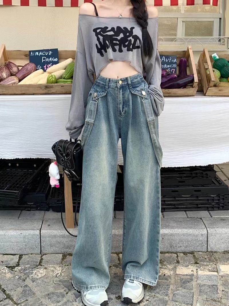 高街設計感可拆卸兩穿牛仔背帶褲女秋季寬鬆顯瘦直筒闊腿拖地褲潮