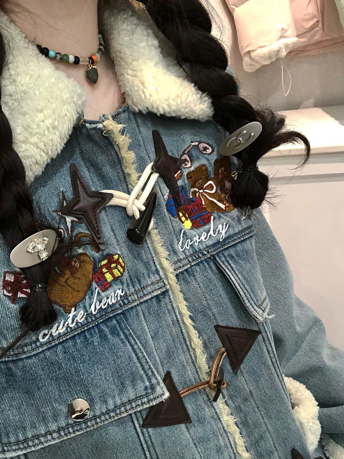 Japanese sweet horn button splicing denim cotton jacket female student winter ins lamb wool jacket cotton trend