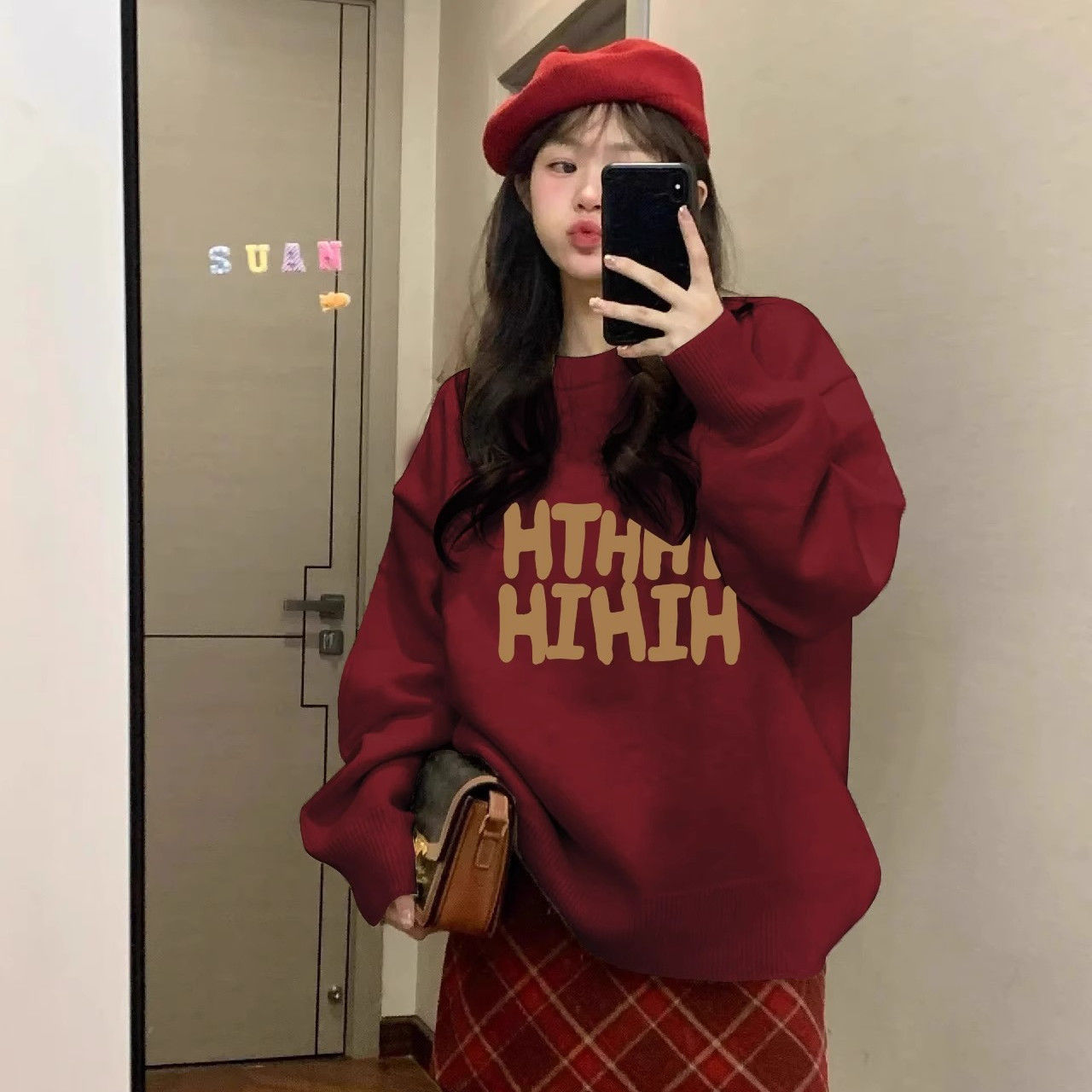 酒紅色美式毛衣女秋冬2024新款加厚慵懶風復古日系慵懶針織衫上衣